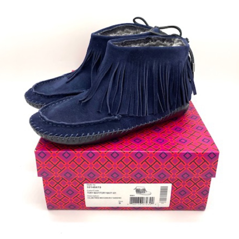 Tory Burch Collins Fringe Moccasins~Split Suede~Navy Blue~SZ 9~Retro Fabulous